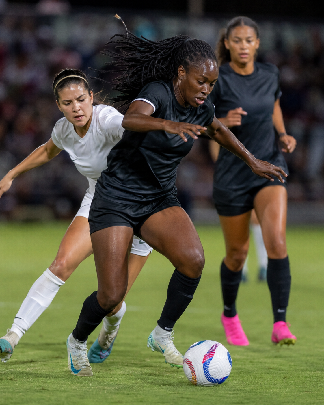 Women soccer players competing for possession